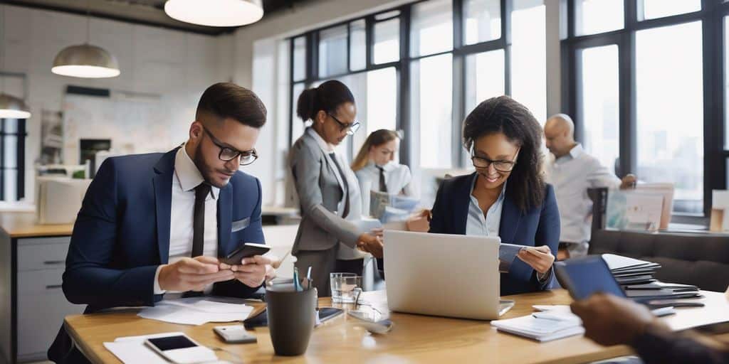 employees using mobile devices in office