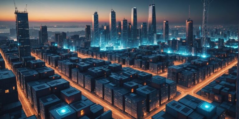 Futuristic city with network connections and servers in containers