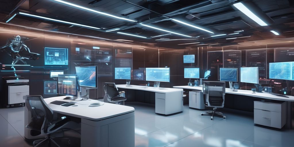 Automated telecom office with robots and holographic data.