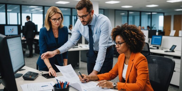 Professionals discussing telecom compliance in an office.