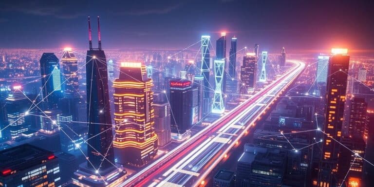 Futuristic city with glowing network nodes.