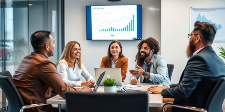 Professionals discussing VoIP services in a modern office.