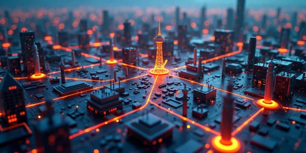 Futuristic cityscape with digital nodes and glowing lines