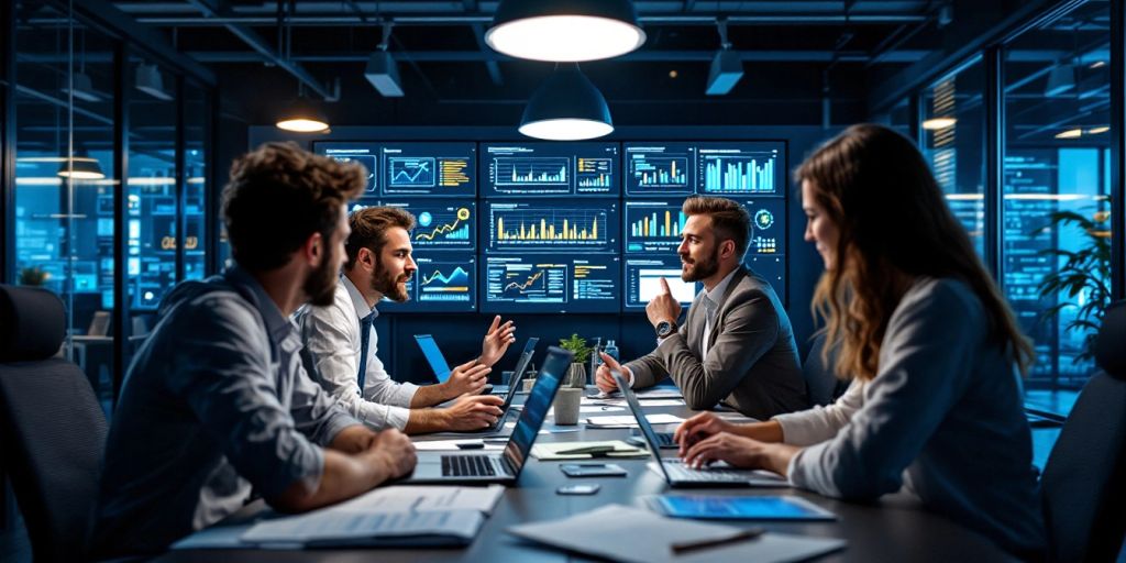 Telecom professionals collaborating in a modern office setting.