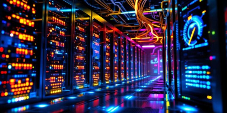 Futuristic telecom data center with advanced servers and lights.