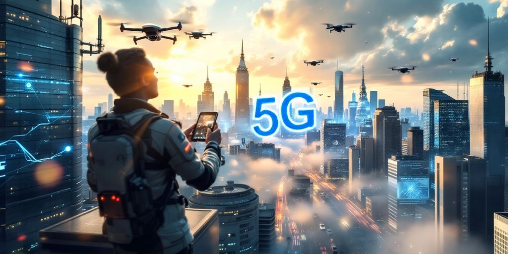 Futuristic cityscape with 5G technology and connectivity features.